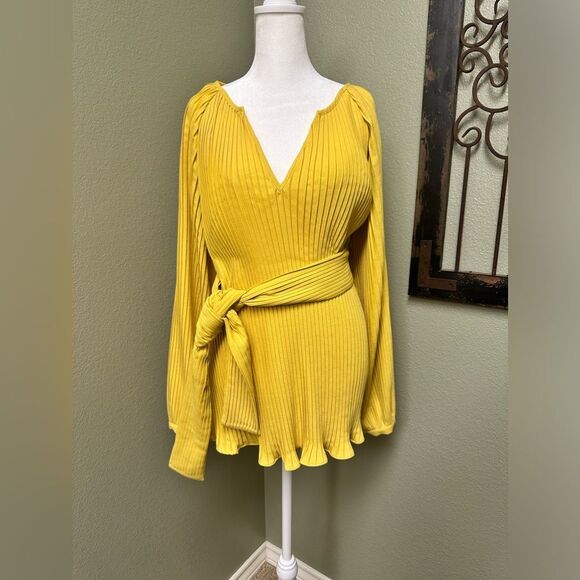 Anthropologie English Factory ribbed mustard long sleeve vneck belted top - Picture 1 of 5